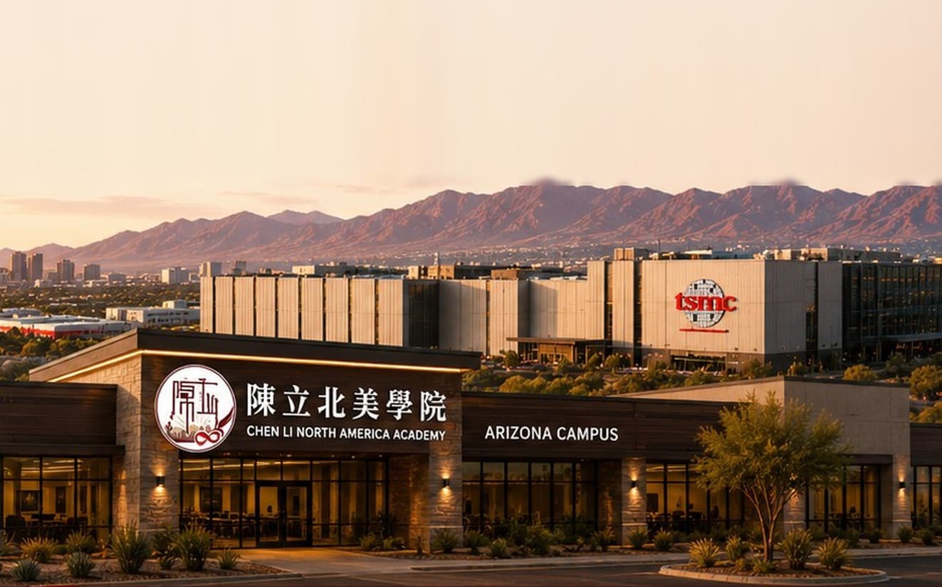 陳立北美學院亞利桑那校區外觀，遠處為 TSMC 園區與鳳凰城天際線